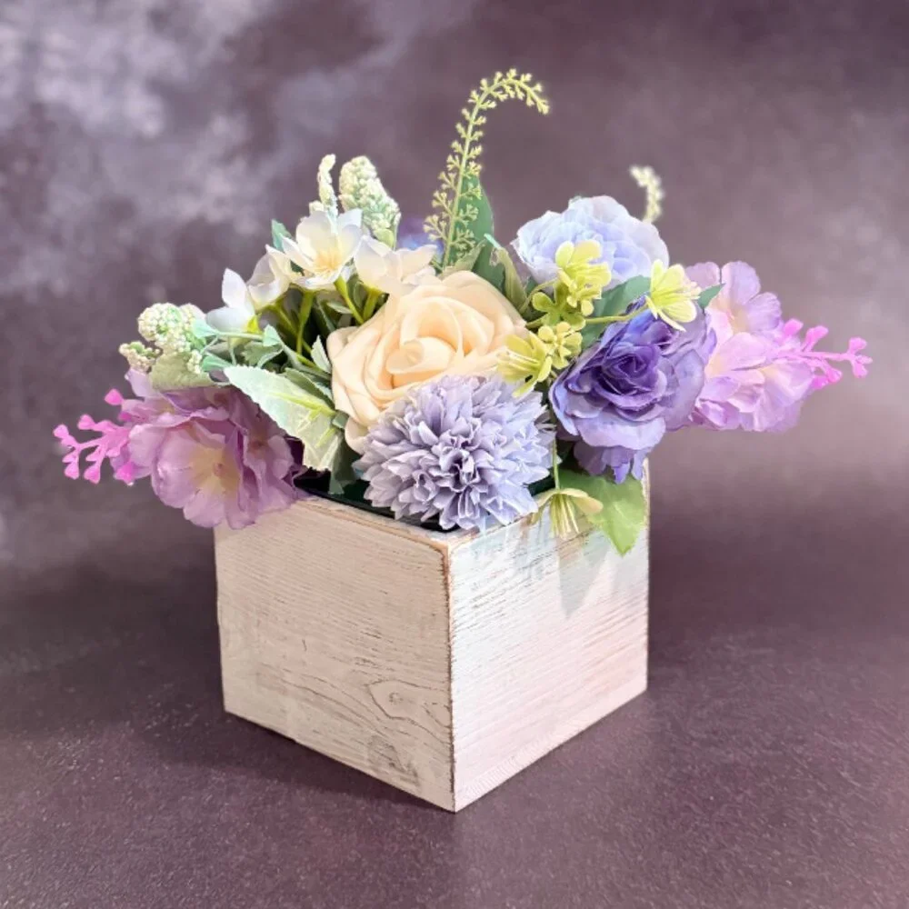 Faux Floral Arrangement in Rustic Wooden Box – Home or Office Decor